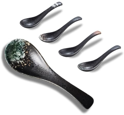 Keramik Löffel-Set, 5 Stück, Retro Stil, asiatisches Nudelbesteck 5 Stücke Keramik Löffel Set Retro Chinesische Ramen-Suppenlöffel Japanische Suppenlöffel für Suppe Dumplings