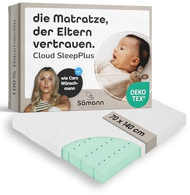 Sämann Laufgittermatratze Cloud SleepPlus 70x140 cm mit Belüftungskanälen - Matratze für Baby - Babymatratze - Oeko-TEX Standard 100 geprüft - Abnehmbarer Bezug mit L-Reißverschluss