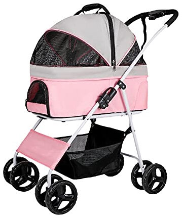 GLETSF Hundebuggys Premium-Haustierbuggy für mittelgroße Hunde, Faltbarer 4-Rad-Katzenbuggy für 2 Katzen, Hundekinderwagen, Buggys für kleine Hunde, atmungsaktiver Hundebuggy (Hellgrau) (Pink)