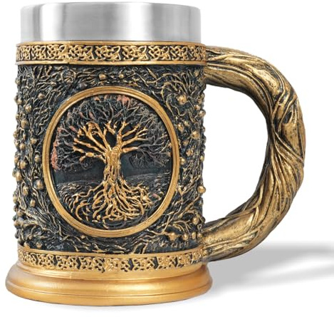 AtSKnSK Boccale da birra vichinga, in acciaio inox, con manico, mitologia nordica, martello di Thor, albero della vita, brocche di birra valhalla vichingo, regalo per uomini e donne (albero della