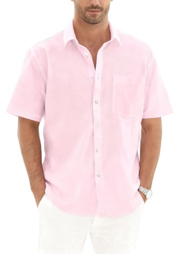 Hommes Chemises Manche Courte Chemise Lin Homme Solid Henley Shirts Été Col Mao Chemise de Plage Classique Regular Fit Chemises L'été