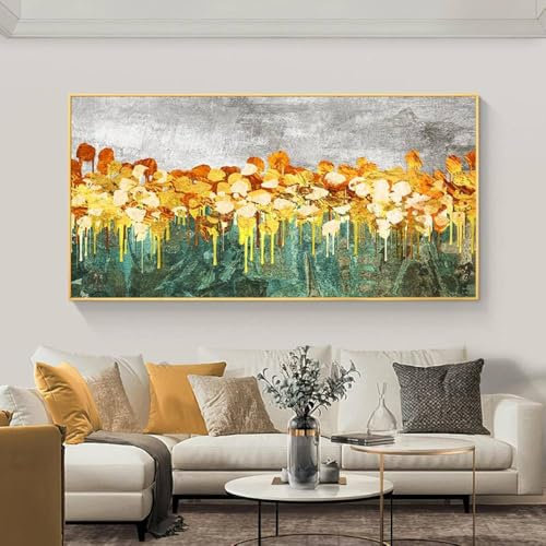 MYLHMPPJH Abstraktes Ölgemälde mit grüner Textur, Leinwanddruck, Moderne goldene Blumenplakate und -drucke, Florale Wandkunst für Wohnzimmer, 60 x 120 cm, ungerahmt