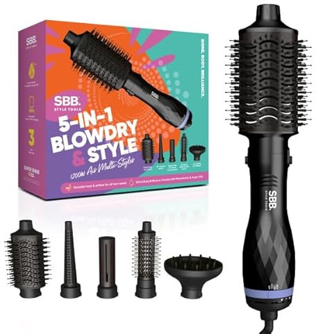 SBB 5 en 1 Brosse Chauffante & Soufflante - Brosse Coiffante 1200W avec Tête Soufflante pour Séchage, Diffuseur, Bouclage & Mise en Forme – Styler Polyvalent & Séchoir, Tous Types de Cheveux