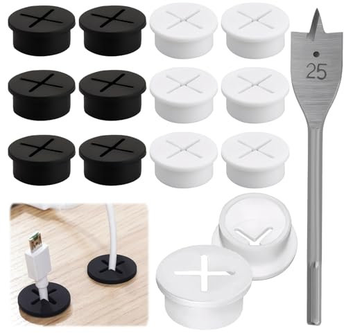 12 St Flexible Silikon Kabeldurchführung 25mm Schwarz Weiß Kabeldurchlass Schreibtisch Runde Kabeldurchführung Kunststoff Tisch Kabeldurchführungs für Büro Wohnaccessoires Arbeitsplatz (Mit 1 Bohrer)