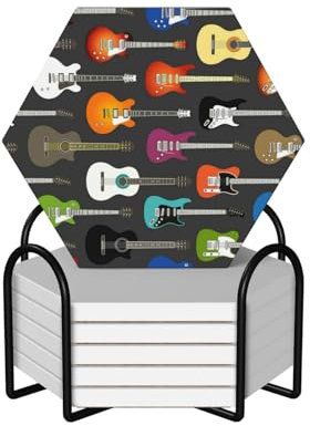 Set mit 6 sechseckigen bunten Gitarren-Untersetzern, Keramik-Untersetzer mit rutschfestem Korkboden, Tee- und Kaffee-Untersetzer, Weihnachtsuntersetzer