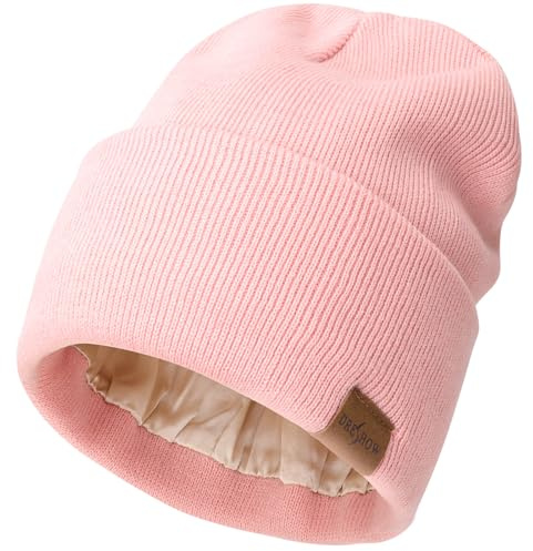 DRESHOW Satinfodrade Vintermössa för Kvinnor Män Satinfodrad Mössa Hattar Unisex Vinter Varm Stickad Manschett Silke Fodrad Solid Skull Mössa