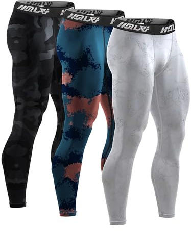 Holure 3-pack kompressionsbyxor för män, atletisk träning löpning leggings för män, sport baslager termiska tights, 3-pack: kamo: svart/blå/vit, L
