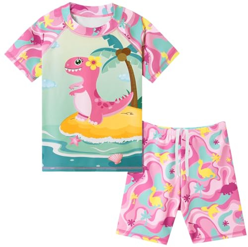 Girls Swimming Costume Kids Two Piece Short Sleeve Swimsuit UPF 50+ UV Rash Guard Set