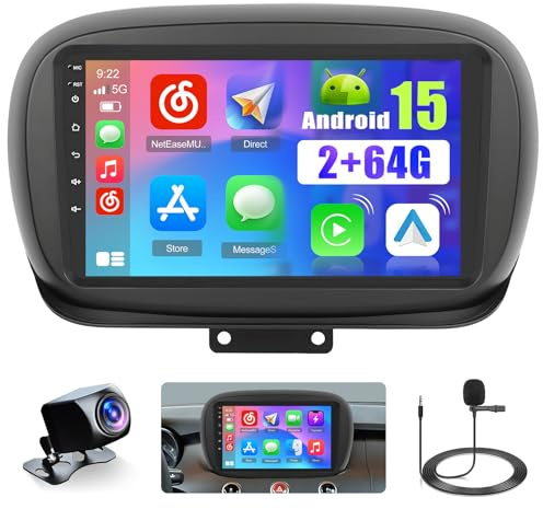 Hikity 2+64G 9 Autoradio Android per FIAT 500X 2014-2020 Wireless CarPlay | GPS Navi Bluetooth WiFi FM/RDS Retrocamera DSP EQ Comandi al Volante 2+64G