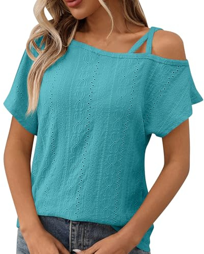 Lovraj Camicetta da donna elegante con cutouts – Traspirante senza spalle – Camicetta estiva a maniche corte – Camicia estiva da donna – occhiello tinta unita ricamo camicetta estiva, Celeste., XXL