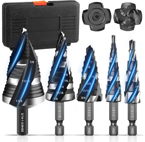 5 Pcs HSS Spiral Step Drill Bit Set, Four-Flute Unibit (1/8-1-3/8) with 1/4 & 3/8 Shank, Step Bits for Hole Drilling in Stainless Steel, Copper, Aluminum, Wood, Plastic (5 PCS)