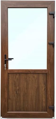 Porta di casa in plastica, 110 x 210 cm, DIN destra, porta d'ingresso secondaria con vetri di sicurezza, set completo per negozio, garage, casa, porta d'ingresso con serratura a 4 punti e accessori