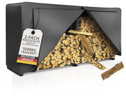 Kaminholzregal aussen Metall 2 Stück 223 × 115 x 25cm I = 50cm tief I verzinkt mit 1x 61cm Abdeckplane – Kaminholz Regal Holzunterstand draußen Stapelhilfe für Brennholz Garten I Terrasse schwarz | 223 × 115 × 25 cm, Schutzhülle 61 cm, wetterfest, Aufbewahrung für Brennholz