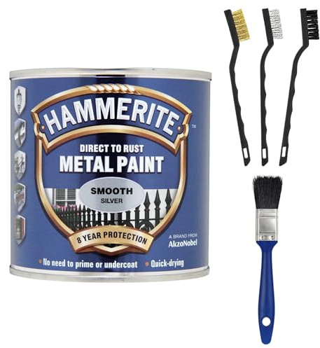 Hammerite Direct to Rust Metal Paint 250ml – Bundle with 1” Paint Brush & 3x Bristle Brushes – Smooth Finish, Anti-Rust Protection for Gates, Railings, Radiators, Pipes & More (Silver)