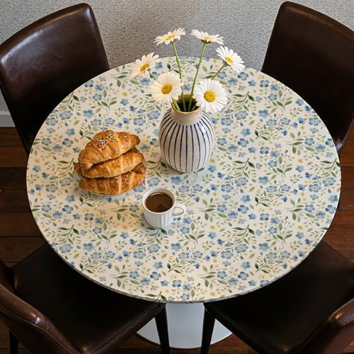 CUTHOLLOW Nappe Ronde 132 cm avec Bord Élastique, Impermeable Anti Tache Nappe de Jardin avec Motif Fleurs Bleues, Polyester Nappes de Table pour Cuisine Cafe - Lavable - pour Le Tableau 114-132 cm