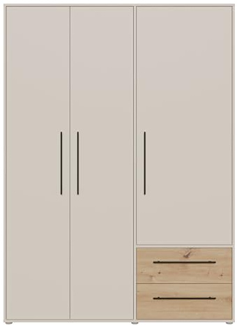 Forte MOKKARIS Kleiderschrank 140 150, moderner Drehtürenschrank, 3-türig, 2 Schubladen, Holzwerkstoff, Kaschmir Beige mit Artisan Eiche Holzdekor, 144,4 cm breit x 200,1 cm hoch x 58,8 cm tief