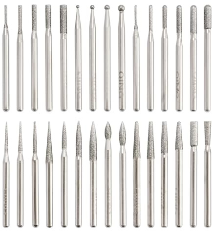 FyMosem 30Pcs Diamond Burr Set 3mm Shank Grinding Bits for Rotary Tools | Diamond Coated Rotary File Burs for Woodworking Carving Engraving Grinding Polishing on Stone Glass Ceramic Jewelry