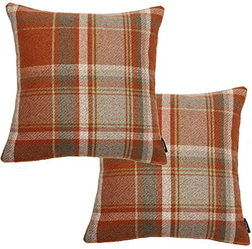 McAlister Textiles Set of 2 Heritage Terracotta Orange Tartan Check Cushion Covers Square Throw Pillows for Bed or Sofa 43x43 Cm - 17x17 Inches