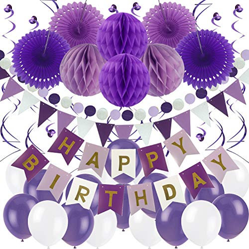 ZERODECO Décorations Anniversaire Happy Birthday Bon Anniversaire Bannière Fête Papier de Soie Boule Alvéolé Pompoms, Banderole en Triangle Guirlandes Verticales Ballons - Violet