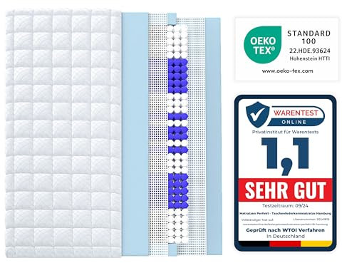 Matratzen Perfekt 9-Zonen Taschenfederkern Hamburg Deluxe – 100 x 200 cm Härtegrad H4 hart Höhe 23 cm hoher Punktelastizität waschbarer Bezug (60°C)