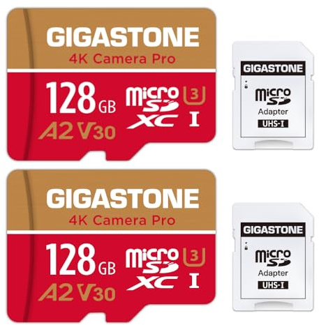 [5 Anni Recupero Dati Gratuito] Gigastone Scheda di Memoria 128 GB Set di 2 Carte, 4K Fotocamera Pro, Compatibile con GoPro Switch, Velocità 100 MB/s. Scheda Micro SDXC A2 U3 V30 con adattatore SD.