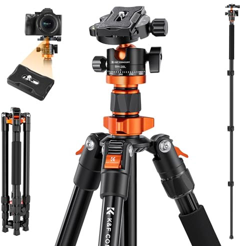 K&F Concept Kamera Stativ, Tripod mit 360°Kugelkopf, Tragbares Stativ für DSLR Canon Nikon Sony, Aluminium Fotostativ Einbeinstativ K255A4+BH-28L