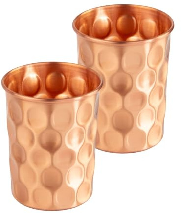 Bodhi Kupferbecher 2er Set | Ayurveda Trinkbecher aus reinem Kupfer | Trinkbecher mit 250 ml Volumen | Wasser Becher mit Design Veredelung | Langlebige Metallbecher | Diamant-Design, gehämmert