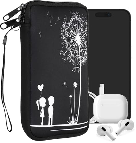 kwmobile Handytasche für Smartphones XL - 6,7/6,8 - Neopren Handy Tasche Hülle Cover Case Schutzhülle - Pusteblume Love Weiß Schwarz - 17,2 x 8,4 cm Innenmaße