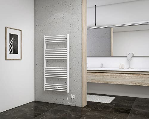 Schulte Europa elektrischer Handtuchwärmekörper befüllt mit Heizstab 1, Montage rechts, Alpinweiß, 121 x 62 cm, 600 Watt