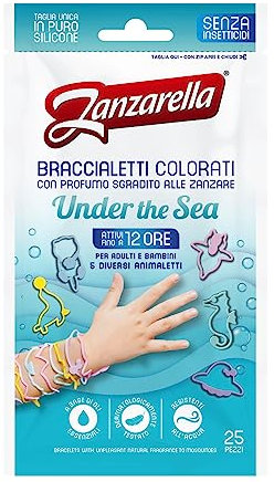 Zanzarella, 25 Braccialetti Colorati e Profumati Under The Sea, Con Oli Essenziali, Profumati Fino a 12H, Per Adulti e Bambini, 5 Diversi Animaletti, 1 Confezione