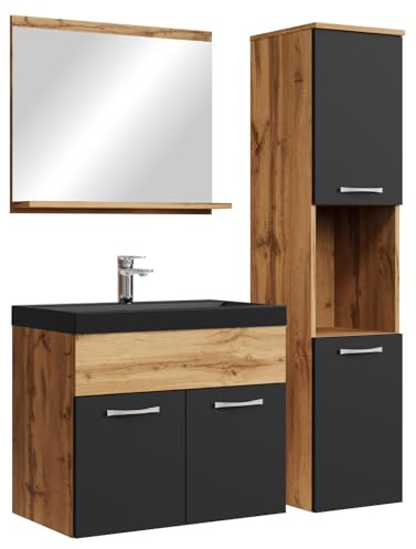 Badplaats B.V. Meuble de Salle de Bain Montreal 60 cm lavabo Noir - Chene avec Noir Mat - Armoire de Rangement Meuble lavabo evier Meubles