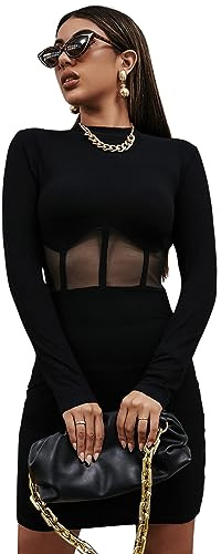 GORGLITTER Figurbetontes Kurz Kleid Mit Mesh Damen Sexy Minikleid Rippenstrick Langarm Mit Netzstoff Schwarz S