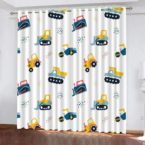 VULORA Cartoon-Bagger Gardinen Blickdicht Vorhang Traktor Thermo Vorhänge mit Ösen für Schlafzimmer Wohnzimmer Polyester Verdunklungsvorhänge Modern Kindergardine 150x166cm(BxH), 2er Set