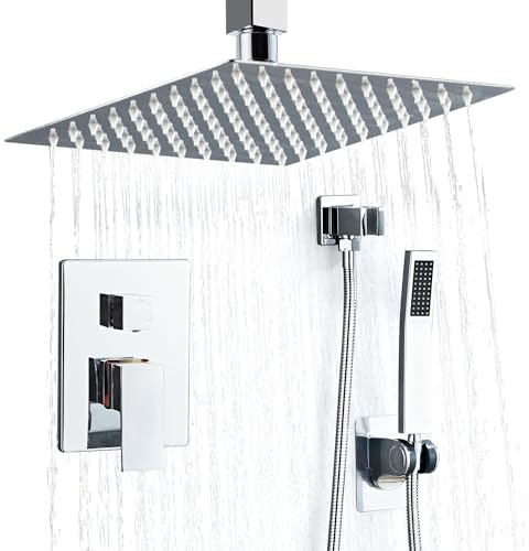 RTOBWEYE Juego de grifo de ducha de 10 pulgadas, sistema de ducha de lluvia de alta presión, montaje en techo, ducha de lluvia cuadrada, griferia bañera, accesorios de ducha de lujo, color plateado