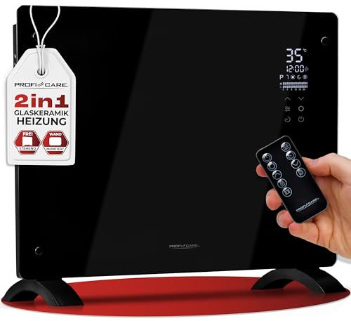 ProfiCare® Elektroheizung mit Glasfront & X-Shape Heizelement | mobiler Heizkörper auch für Wandmontage geeignet | Konvektor Heizung mit 2 Heizstufen | lautloses Heizen - 0dB | PC-GKH 3118 schwarz