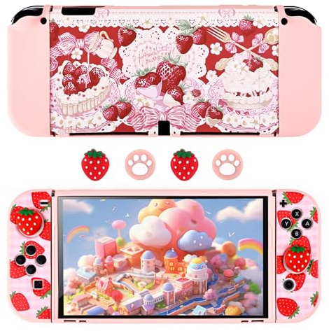 DLseego Schutzhülle für Switch OLED,Dockable Weiche Hülle für Switch OLED Niedliches Thema Switch OLED hülle mit weich Joycon Abdeckung und 4 Joystick Kappen,Erdbeer Torte