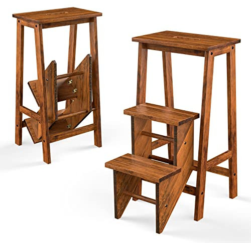 GIANTEX Sedia a Scala in Legno a 3 Livelli, Sgabello a Scala Multifunzionale Pieghevole, Altezza 76 cm, Portata Totale 310 kg, 2 Colori