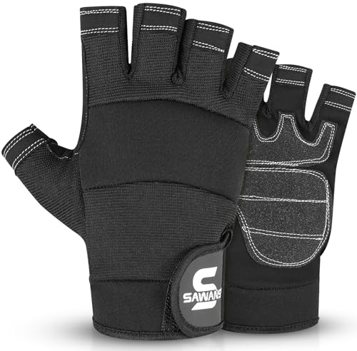 SAWANS Fingerlösa arbetshandskar för män Performance Heavy Duty Halvfinger arbetshandskar Mekaniker Anti-halk säkerhetshandskar för arbete Lager Utbildning Skicklighet Rigger Handskar (Svart, M)