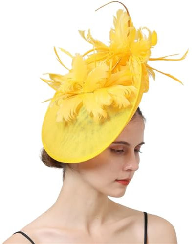 Großer Derby-Hut, Fascinator, Stirnbänder, Brautfedern, Kopfschmuck, Anlass, Rennen, gelb, Einheitsgröße