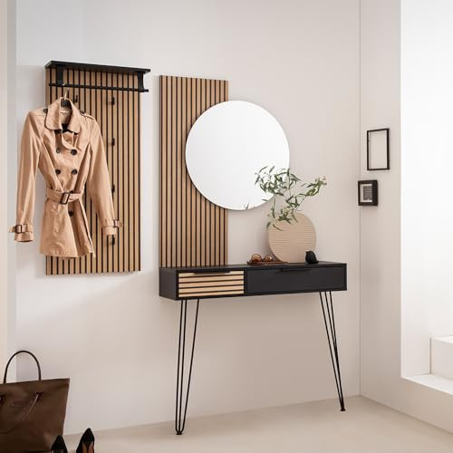 Lomadox Garderoben-Set 3-teilig mit Garderobenpaneel, Spiegel & Konsolentisch | Flurgarderobe in schwarz mit Akustikpaneel-Optik