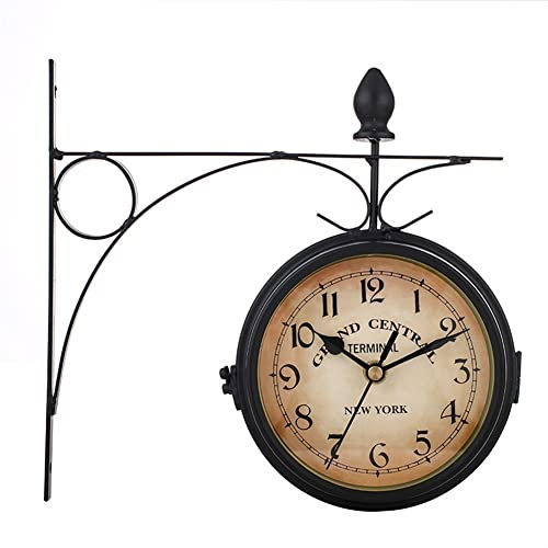 Retro Bahnhofsuhr Vintage doppelseitige Wanduhr, Metall im Freien Eckuhr, wandmontierte Retro-Zentralstationuhr, for Garten Terrasse Garage Pool Zaun Badezimmer Dekorative Wandkunst ( Color : Zwart )