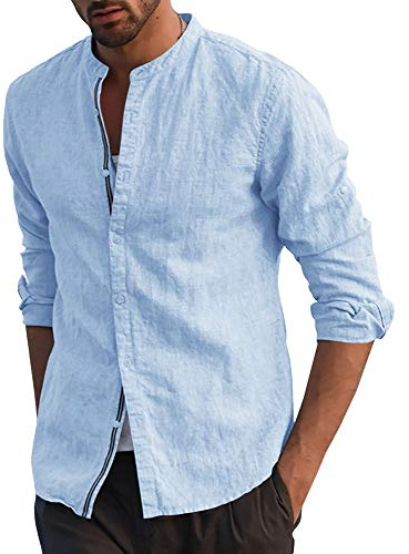 Runcati Camisa de manga larga para hombre, de algodón, cuello alto, para el tiempo libre, ligera, de lino, informal, de verano, turquesa, XL