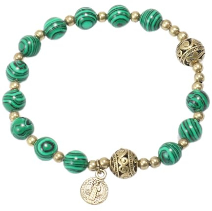 Nazareth Store Stone Beads Rosenkransarmband med metallavskiljare och katolsk medalj - hållbara och eleganta handledssmycken (Malakit | Sankt Benedictus)