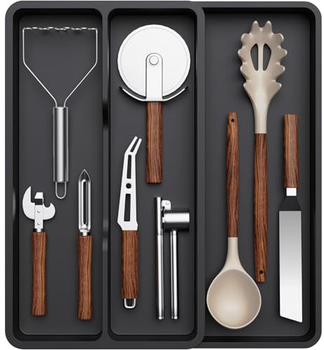 Lifewit Besteckkasten für Schubladen, Küchenutensilienhalter erweiterbar auf 36,5 cm, Schmale Schubladen Organizer Küche Tiefe 40 cm, Kunststoff Utensilienständer für Spatel/Messer/Löffel, Schwarz