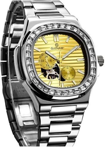 GLENAW Montre à tourbillon automatique pour homme, montre squelette carrée en acier inoxydable à remontage automatique, Cadran doré 8977