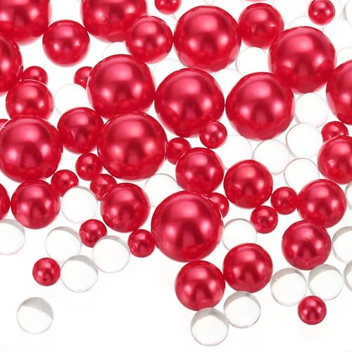 PATIKIL 150 Pieces Floating Beads, 8/14/20mm Vase Fillers Vase Centerpieces Pearl No Hole and 8000Pcs Clear Water Gel Bead for Decoration, Light Red