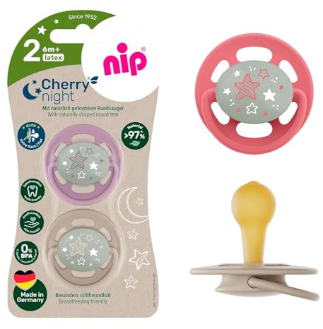 NIP Cherry Latex Schnuller Rund Leuchtend 4 Stück Set (2x2) Gr.2 (6 M +, Night leuchtend) Stillfreundlich, Größe 2, ab 6 Monate