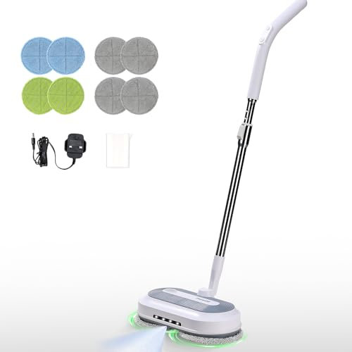 PHIWOS Cordless Rechargeable Hard Floor Cleaner and Polisher, Bundle with 8 Cleaning Buffing Pads, Perfect for Wood, Tile, Laminate and Hard Floors