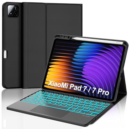 SENGBIRCH Funda teclado para Xiaomi Pad 7/7 Pro 11,2 pulgadas, 7 colores retroiluminados, funda teclado Bluetooth desmontable con Trackpad para Xiaomi Pad 7/7 Pro 11,2, negro