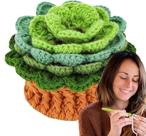Rukjmqi Untersetzer Blumentopf gehäkelt, süße Untersetzer für den Schreibtisch,Handgemachtes Pflanzen-Häkelset - Lustiger Häkel-Blumentopf-Untersetzer, dekoratives Häkelset mit Haken, Garn, klaren